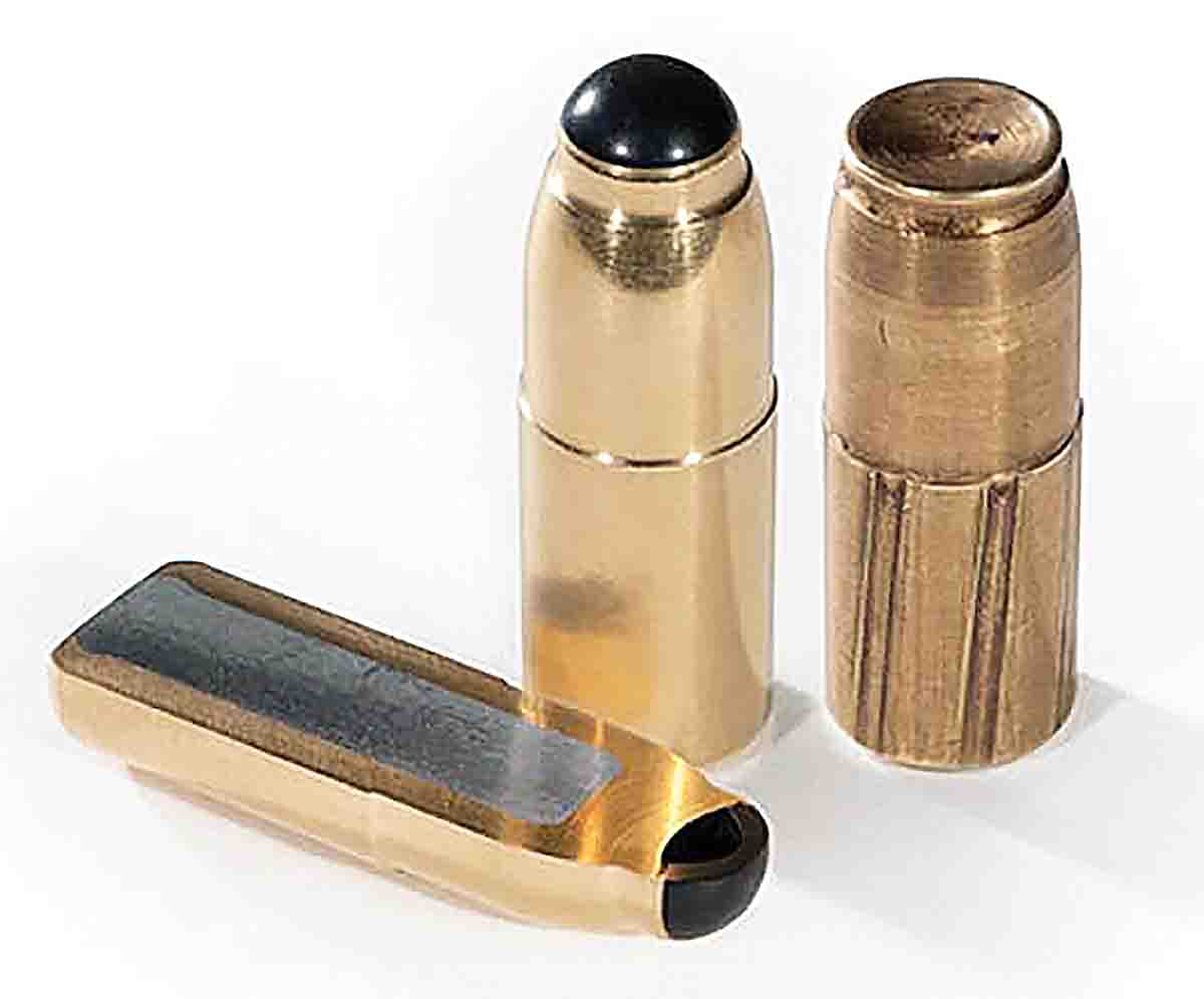 A plastic cap partially covering the nose of the Swift Break-Away Solid assures smooth feeding in all rifles and as its name implies, the cap breaks away from the bullet upon impact. From left: a bullet sectioned to illustrate a lead core enclosed by an extremely thick jacket, a pristine bullet and a fired bullet recovered from water.